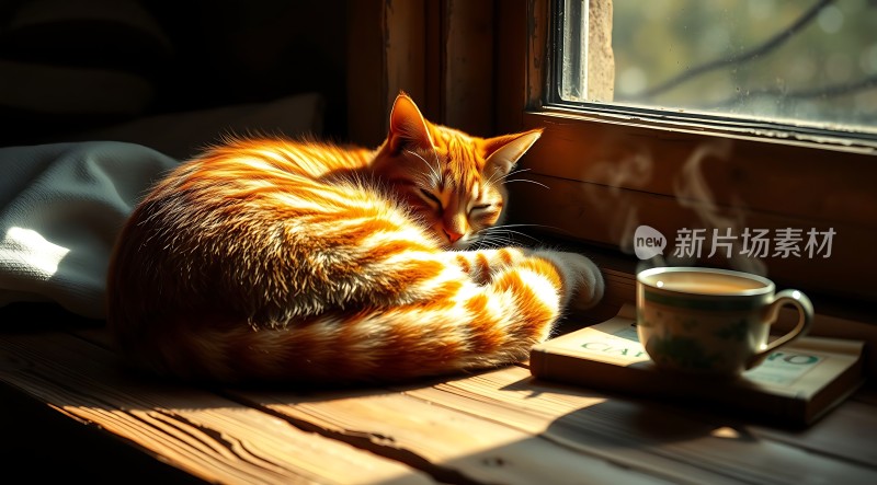 阳光下的橘猫与咖啡