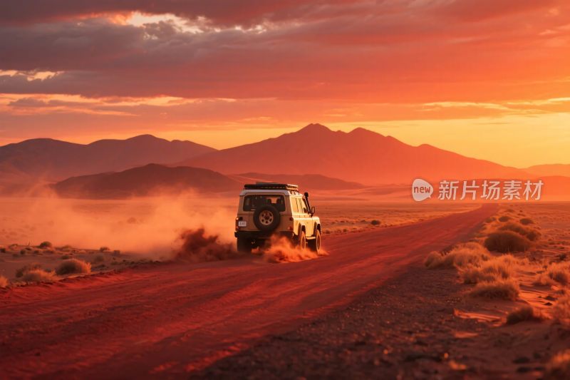 沙漠公路上行驶的越野车