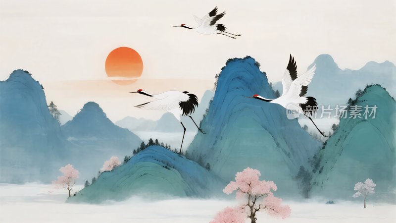 山水间飞鹤伴红日美景