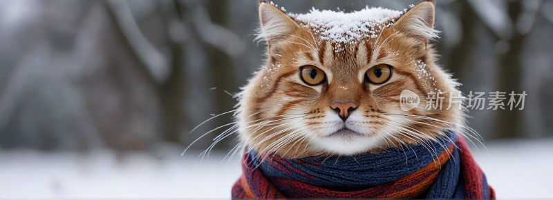 一只猫在雪地里戴着围巾高清风景横幅图片