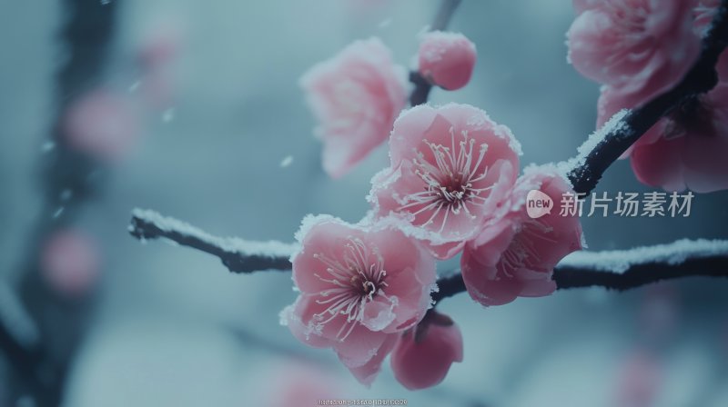 冬天树枝花朵冬季雪景飘雪寒梅