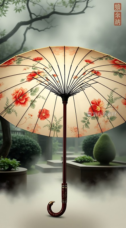 油纸伞下的静谧花园