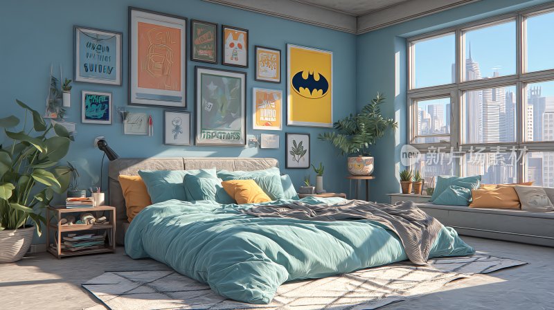 蓝调风格温馨卧室室内场景