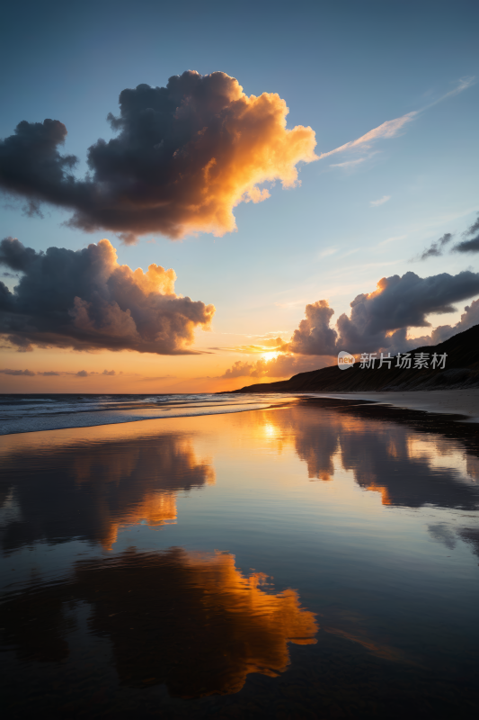 海滩的景色日落倒映在水中高清风景图片