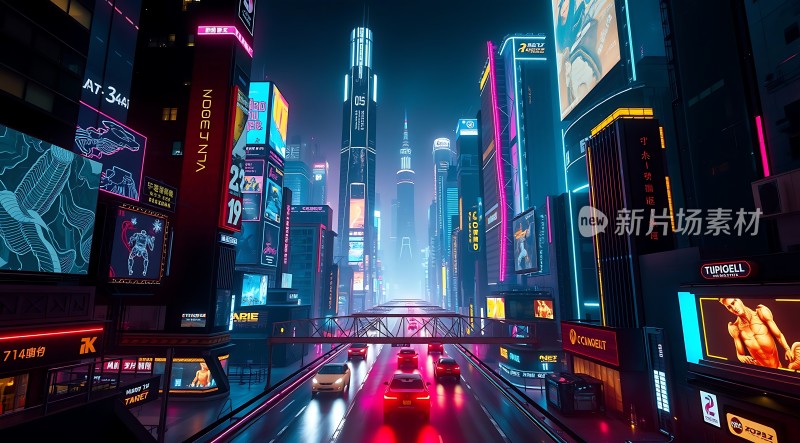 霓虹灯下的未来都市夜景