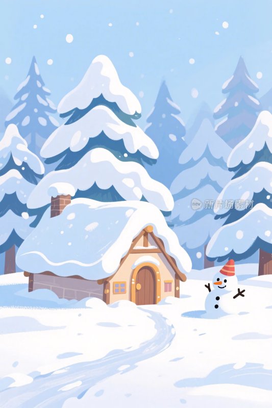 冬季雪景小屋插画