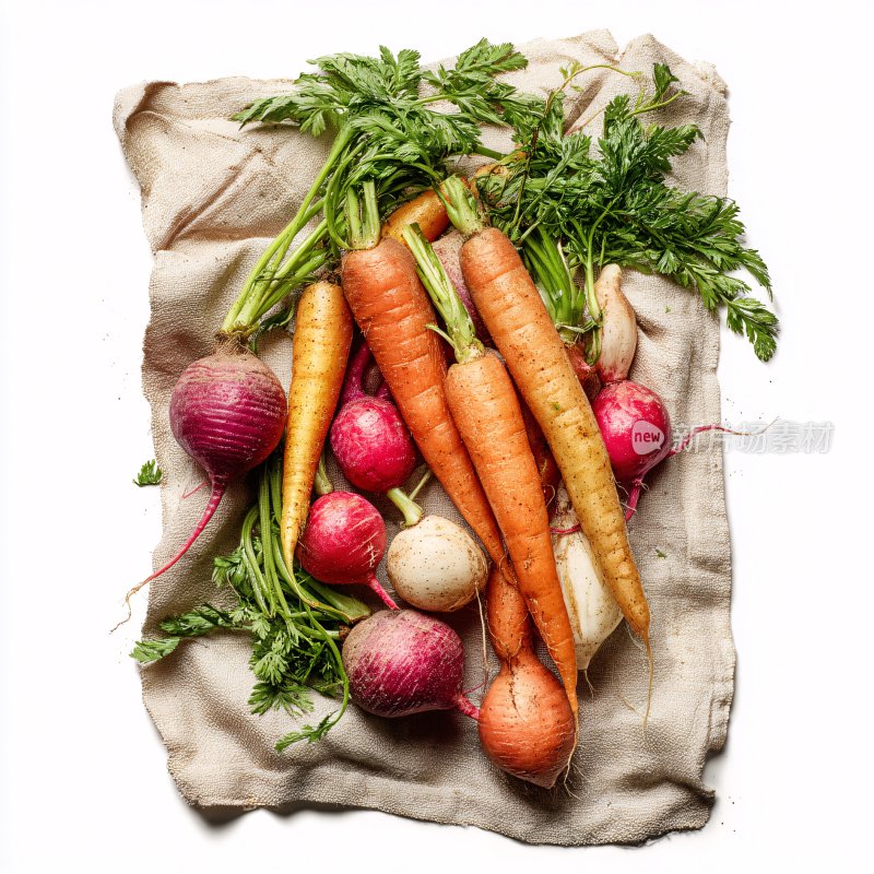 麻布上的多彩胡萝卜与萝卜