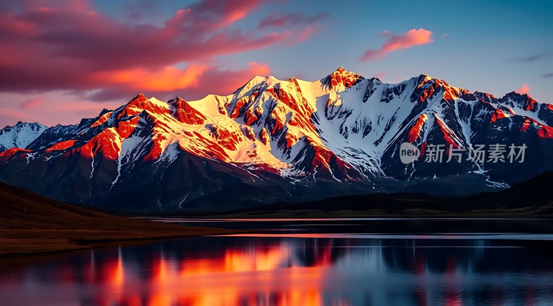 日落下的雪山与湖泊