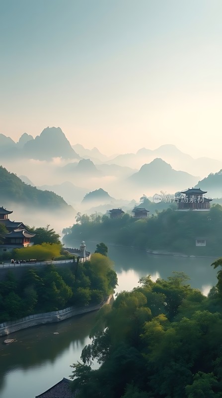 晨雾笼罩下的山水画卷