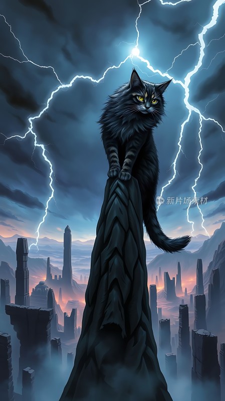 黑猫屹立雷暴之夜