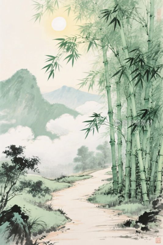 水墨山水竹林画
