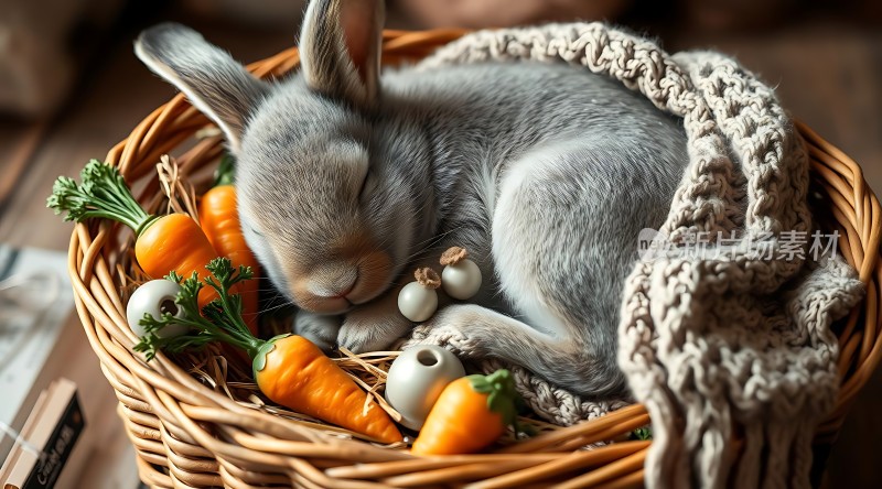 小兔子在胡萝卜中熟睡