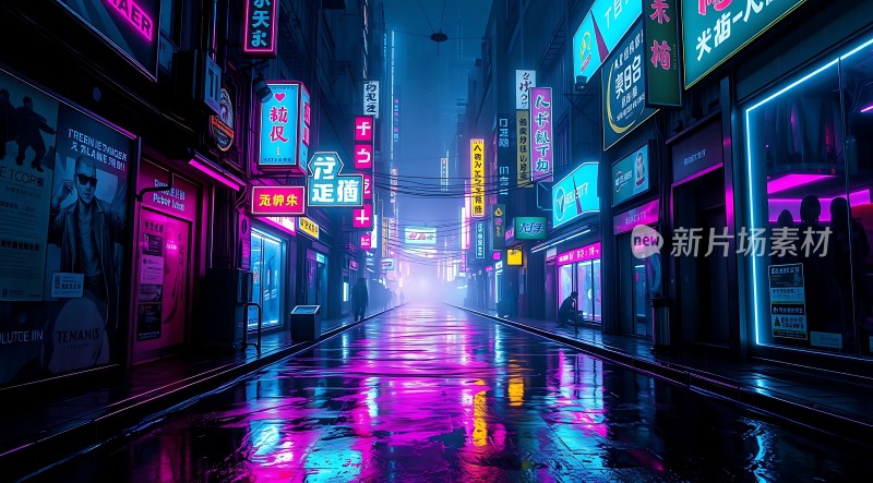 霓虹灯下的雨夜街头