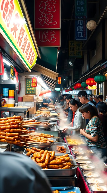 夜市美食街热气腾腾的街头小吃吸引众多食客