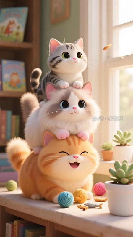 三只可爱猫咪温馨互动场景