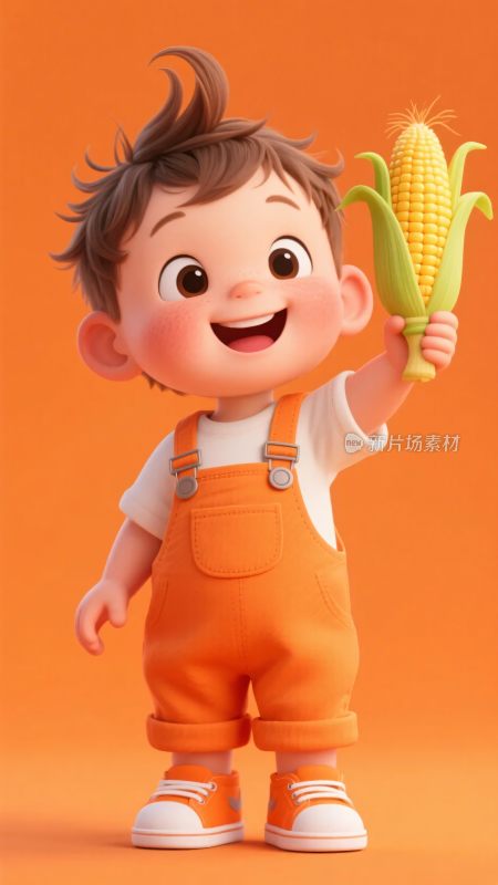 手持玉米的可爱卡通小男孩