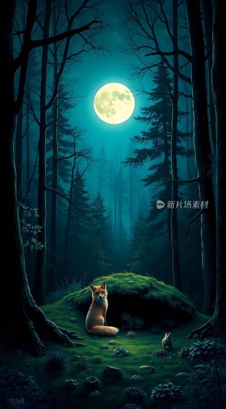夜色森林中的狐狸与月亮