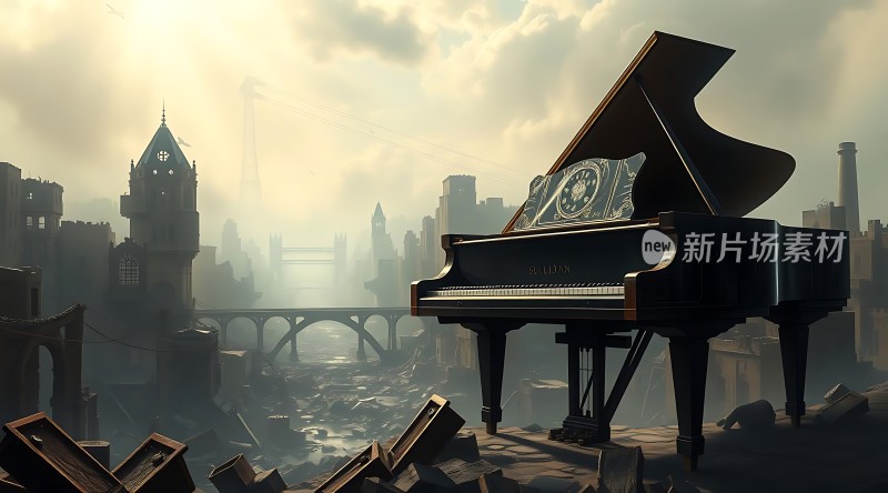 废弃城市中的钢琴