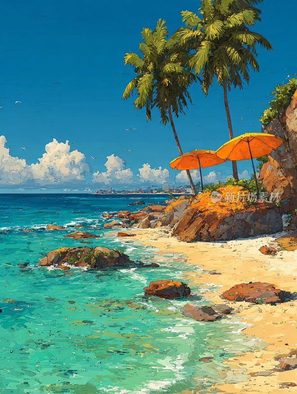 夏日海边风景插画