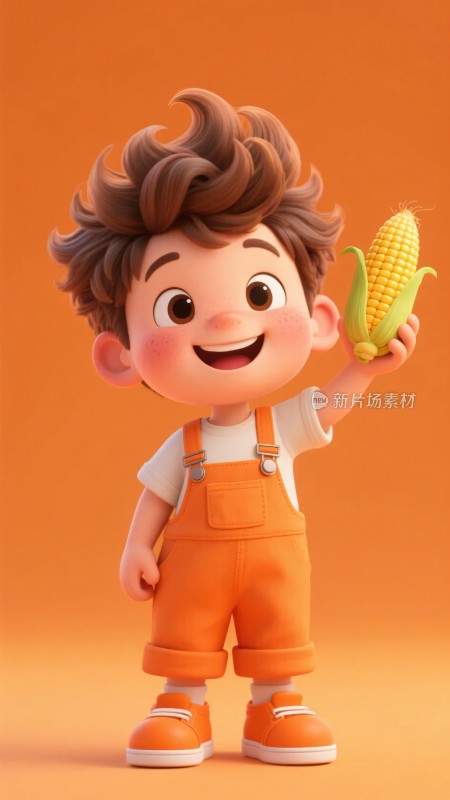 手持玉米的卡通小男孩