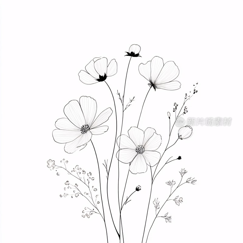 黑白手绘花卉插画