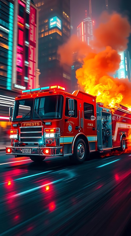 消防车与火焰城市夜晚的紧急救援