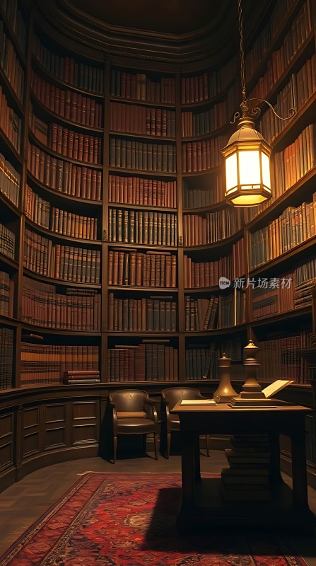 古色古香的书房书架、桌椅和地毯