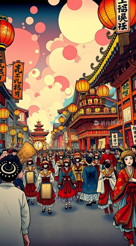 春节庙会灯笼高挂人潮涌动热闹非凡