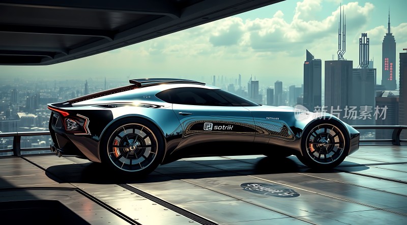 未来座驾黑色流线型跑车城市天际线背景