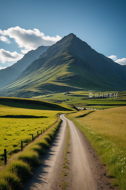 土路通向一座草山前景有栅栏高清风景图片