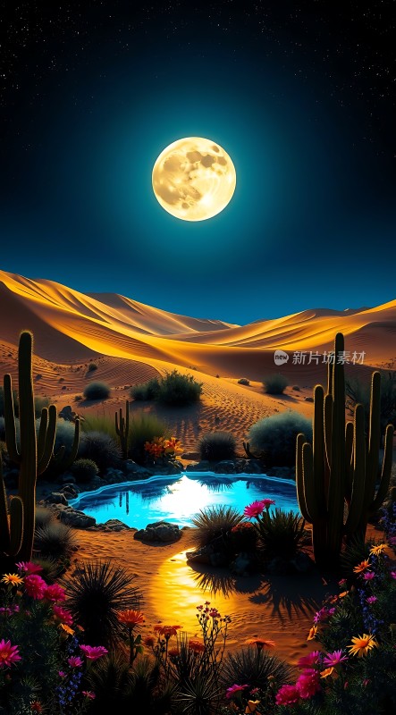 沙漠绿洲夜月图