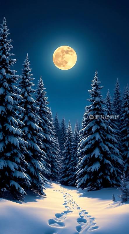 雪夜月光下的足迹