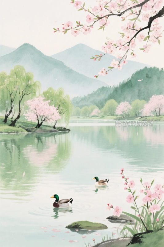 山水湖景水墨插画