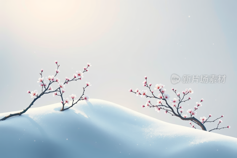 有两棵小树矗立在雪地里高清背景图片