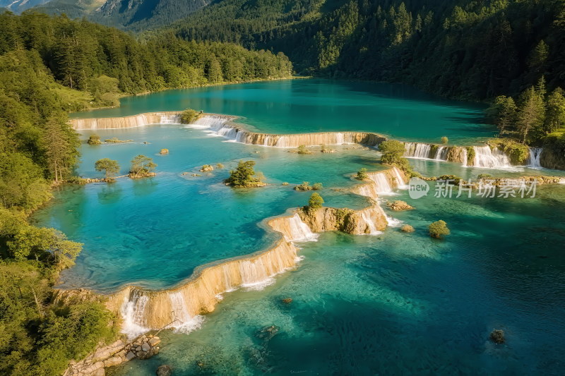 航拍九寨蓝绿色湖泊瀑布