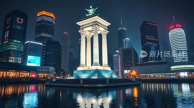 上海夜景黄浦江畔灯光璀璨东方明珠塔下繁华都市
