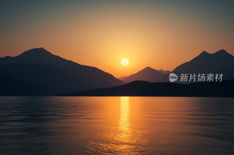 山脉在夕阳的映衬下映衬在水面上风景图片