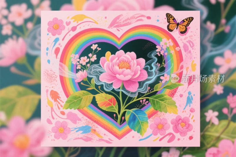 彩虹爱心花卉插画