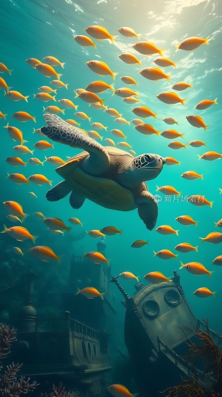 海龟与鱼群共舞水下世界