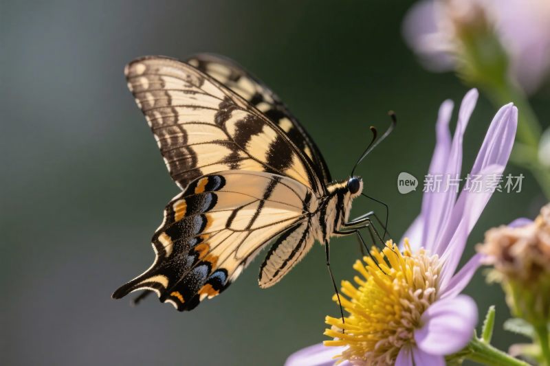 蝴蝶停在紫色花特写