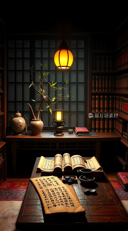 古风书房静谧雅致书卷墨香四溢