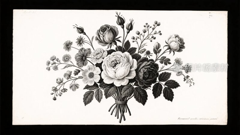 复古花卉黑白插画