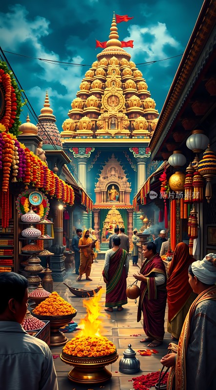 印度寺庙街景金碧辉煌的建筑与热闹的市场