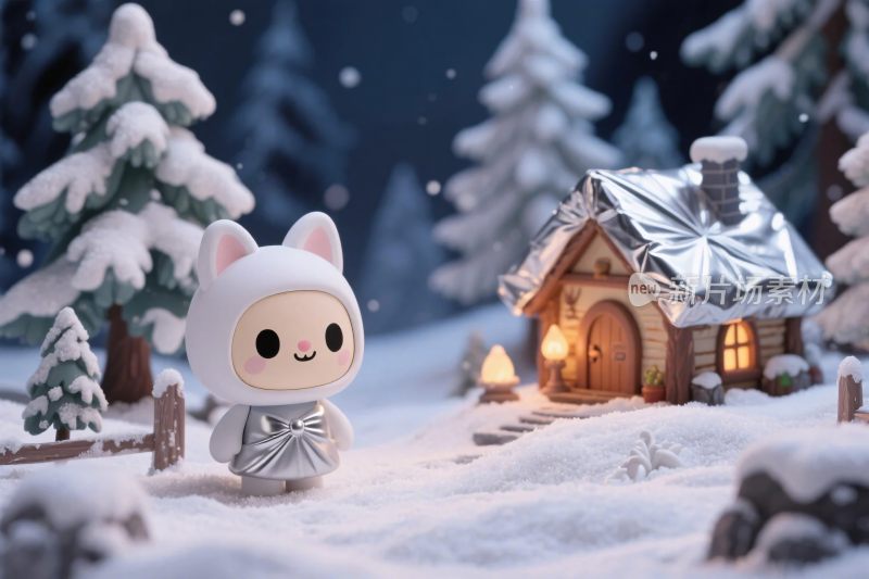 卡通雪地小屋场景