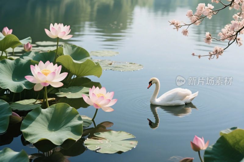 春日湖景天鹅荷花图