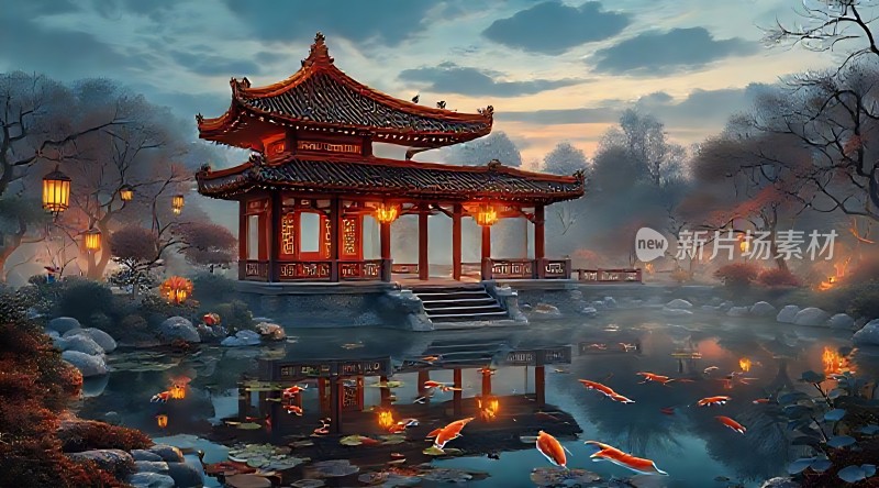 古亭映水金鲤戏波