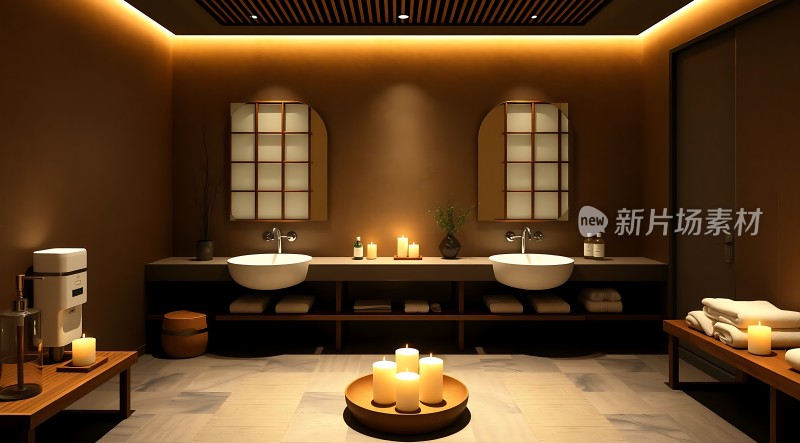 现代浴室设计双洗手台与蜡烛装饰
