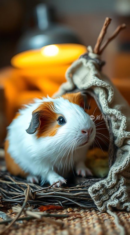 秋日暖光下的可爱豚鼠