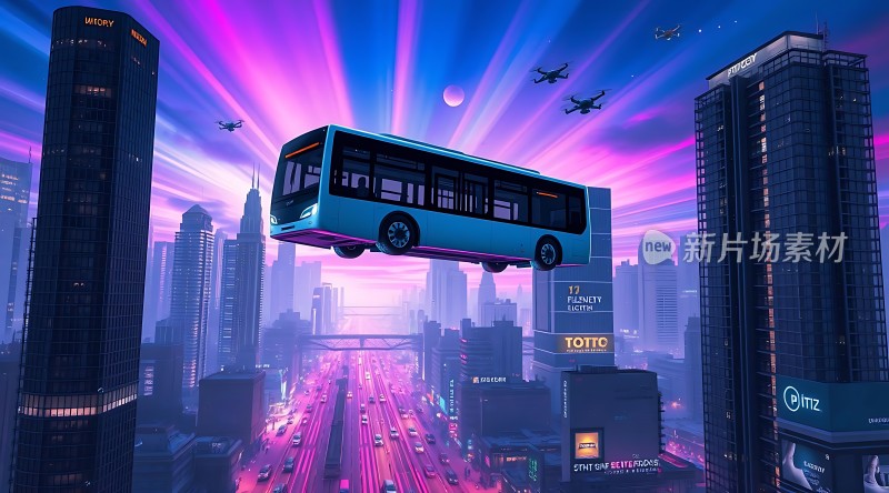 未来城市悬浮巴士与无人机共舞