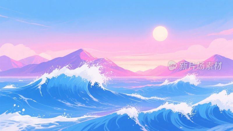 唯美海上日出插画风景